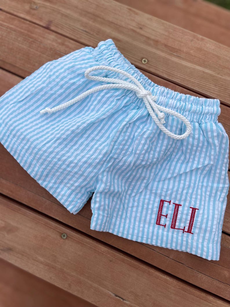Monogrammed Seersucker Boys Swim Trunks, Embroidered Toddler Swimsuit image 4