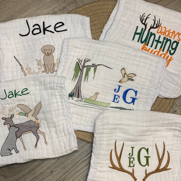 Personalized Baby Burp Cloth Set, Embroidered Cotton Muslin, Hunting Theme