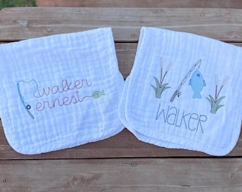 Personalized Fishing Baby Burp Cloth Set, Embroidered Muslim Burp Cloth
