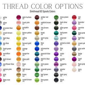 May include: A chart of 63 different colored spools of thread, each with a name and number. The colors include white, silver, prussian blue, cream brown, light blue, sky blue, fresh green, vermillion, dark brown, cornflower blue, salmon pink, pink, deep rose, dark fuchsia, fresh pink, pumpkin, lemon yellow, yellow, harvest gold, orange, tangerine, deep gold, linen, light brown, brass, russet brown, amber red, reddish brown, clay brown, khaki, warm grey, blue, ultramarine, peacock blue, electric blue, mint green, emerald green, leaf green, lime green, moss green, dark olive, olive green, teal green, seacrest, wisteria violet, lilac, violet, purple, magenta, pewter, dark grey, black, red, lavender, carmine, deep green, light lilac, cream yellow, grey satin, beige, royal, flesh pink, ivory.