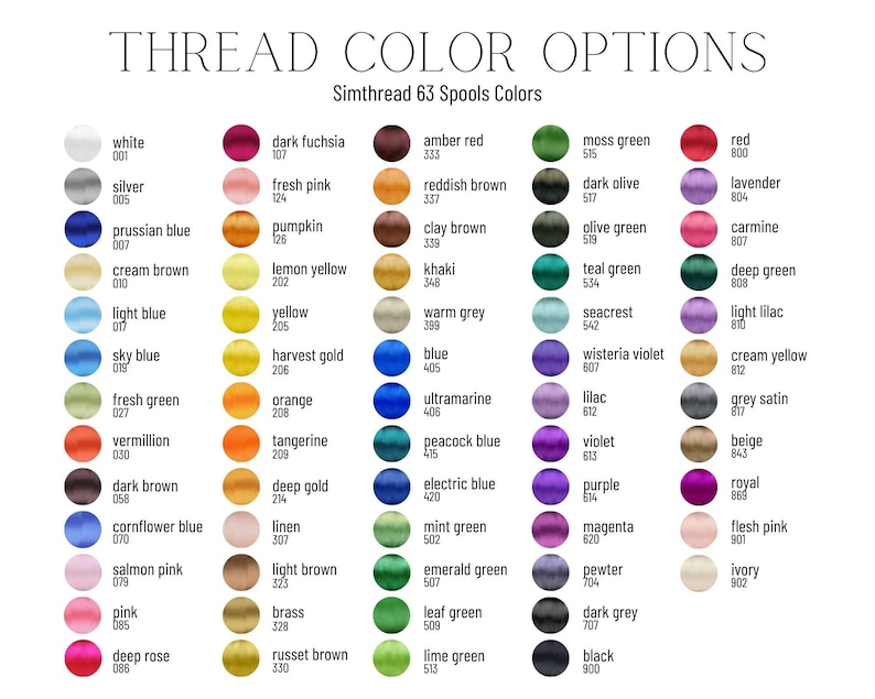 May include: A chart of 63 different colored spools of thread, each with a name and number. The colors include white, silver, prussian blue, cream brown, light blue, sky blue, fresh green, vermillion, dark brown, cornflower blue, salmon pink, pink, deep rose, dark fuchsia, fresh pink, pumpkin, lemon yellow, yellow, harvest gold, orange, tangerine, deep gold, linen, light brown, brass, russet brown, amber red, reddish brown, clay brown, khaki, warm grey, blue, ultramarine, peacock blue, electric blue, mint green, emerald green, leaf green, lime green, moss green, dark olive, olive green, teal green, seacrest, wisteria violet, lilac, violet, purple, magenta, pewter, dark grey, black, red, lavender, carmine, deep green, light lilac, cream yellow, grey satin, beige, royal, flesh pink, ivory.