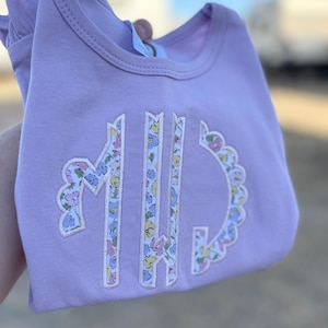 Girls Embroidered Monogram Shirt, Floral Applique, Personalized Ruffle Tee