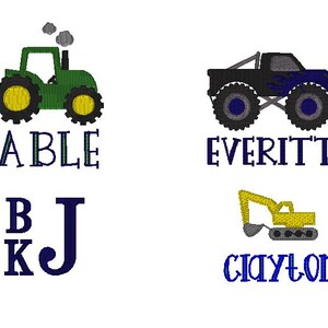 May include: Four personalized embroidered designs featuring a green tractor, a black monster truck, a yellow excavator, and the letters BKJ. The names Able, Everitt, and Clayton are embroidered below each design.