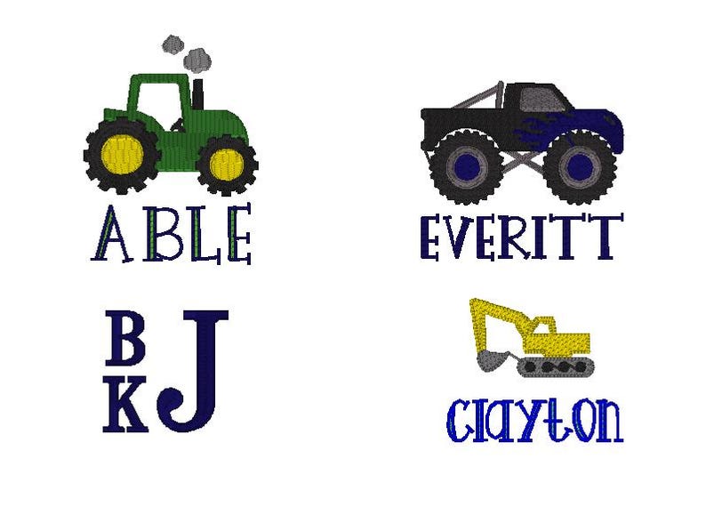 May include: Four personalized embroidered designs featuring a green tractor, a black monster truck, a yellow excavator, and the letters BKJ. The names Able, Everitt, and Clayton are embroidered below each design.