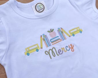 Girls Embroidered Back To School Shirt, Personalized Applique Tee
