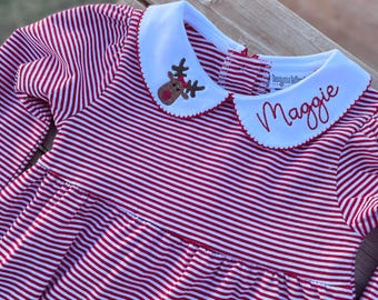 Girls Personalized Christmas Dress, Red Stripe Reindeer Monogram