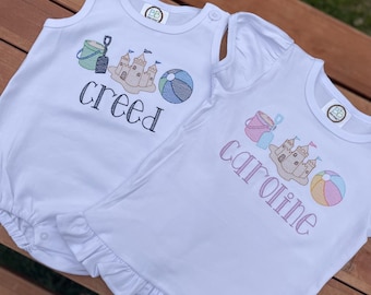 Embroidered Beach Bubble Romper, Personalized Sandcastle Outfit