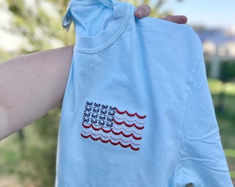 American Flag Embroidered Tee, American Comfort Colors, 4th of July T-Shirt, Embroidery