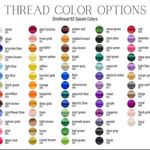 May include: A chart displaying 63 different coloured spools of thread, labelled with their colour names and corresponding numbers. The thread colours are arranged in rows and columns, with each colour represented by a small circle.