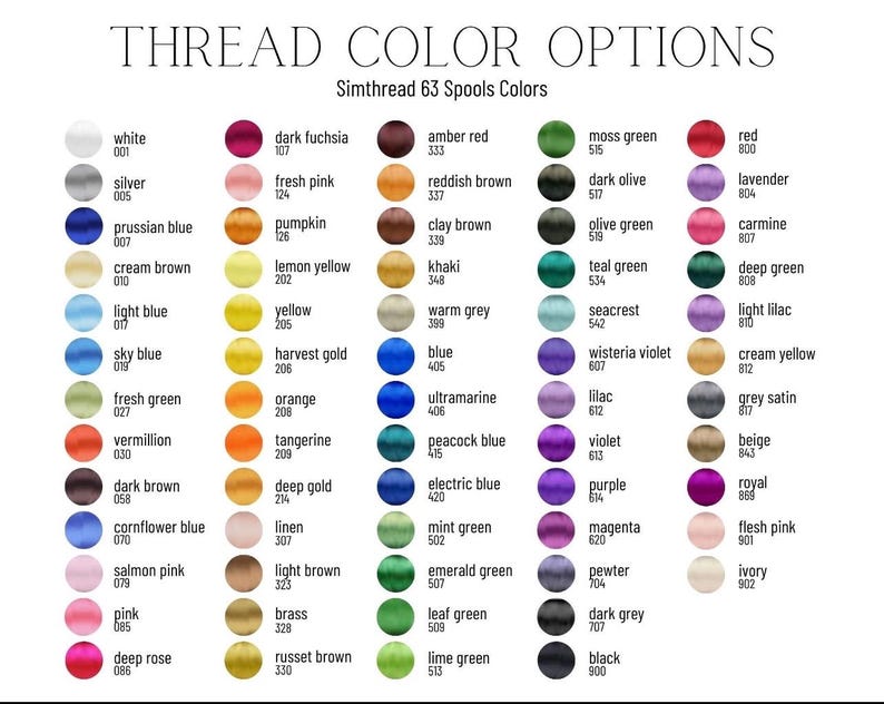 May include: A chart displaying 63 different coloured spools of thread, labelled with their colour names and corresponding numbers. The thread colours are arranged in rows and columns, with each colour represented by a small circle.