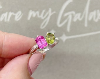 Ruby and Peridot Sterling Silver Ring: Two Stone Toi Et Moi Ring