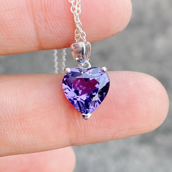 Heart Necklace Amethyst, Dainty Heart Necklace,  Silver Heart Necklace, Amethyst Necklace Silver, Amethyst Pendant Sterling Silver