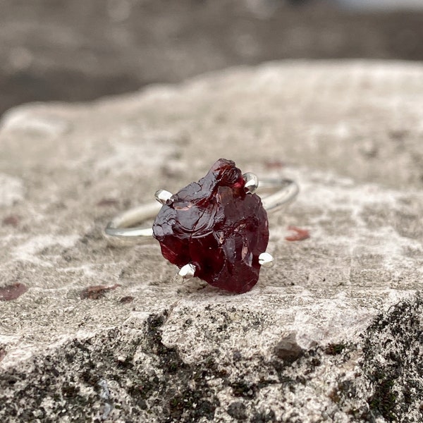 Raw Garnet Ring, Raw Stone Ring Sterling Silver, Natural Red Garnet Ring, Raw Crystal Ring, Raw Gemstone Ring, January Birthstone Ring