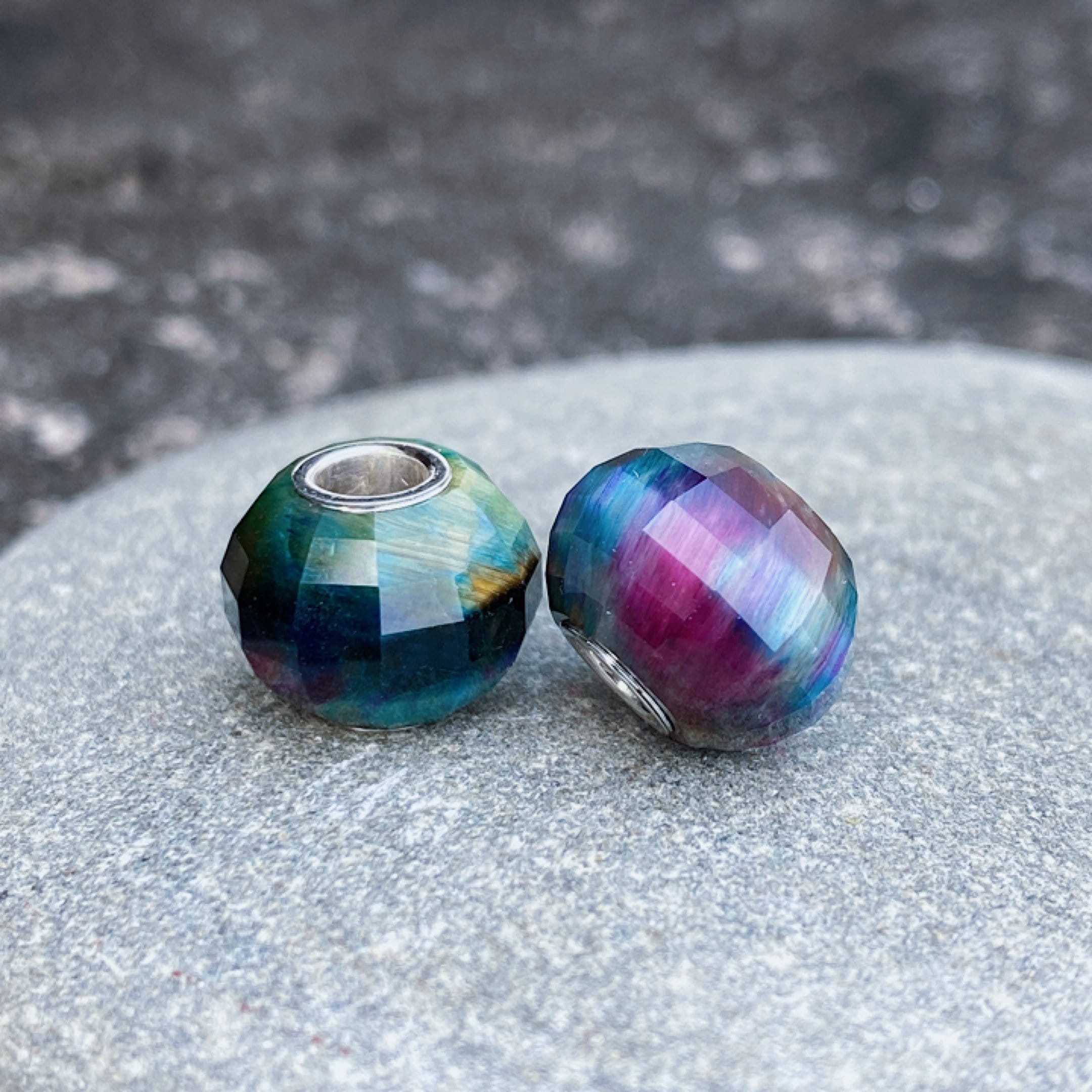 Rainbow Tiger Eye Stone Bead: Silver Core Charm (12x9mm)