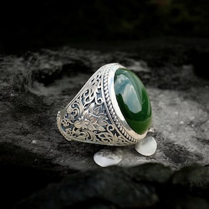Nephrit Jade Herrenring: Sterlingsilber Lotus Band