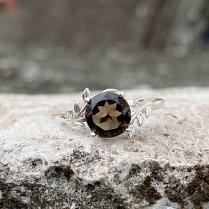 Smoky Quartz Ring: S925 Silver Tree Leaf Band, Boho Gemstone Ring