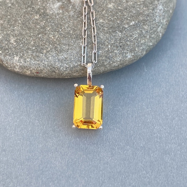 Emerald Cut Necklace, Unique Style Link Chain Yellow Citrine Minimalist Pendant Necklace, Affirmation Necklace Gift For Her