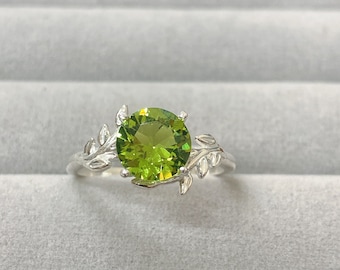 Sterling Silver Peridot Olive Leaf Ring, August Birthstone Botanical Jewelry