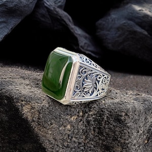 Jade Ring Men, Natural Jade Ring For Men, Jade Jewelry For Men, Big Stone Ring, Men Ring Silver, Gothic Ring, Gothic Jewelry