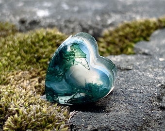 Moss Agate Heart Bead: S925 Sterling Silver Core, European Bracelet Charm