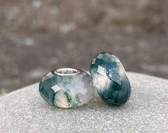 Natural Moss Agate Bead: Faceted S925 Sterling Silver Core