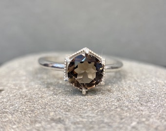 Bague vintage quartz fumé taille ronde : argent sterling S925