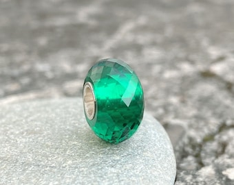 Emerald Bead Silver Core Fit European Bracelet, Rondelle Bead, Emerald Charm Beads, Large Hole Bead, Small Core Bead, European Bead Charm