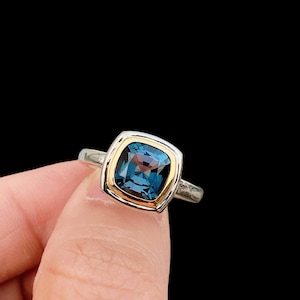 London Blue Topaz Ring 14k Gold Bezel, Blue Topaz Ring, Two-Tone Ring, November Birthstone Ring, 14k Gold Bezel Ring, Cushion Cut Ring