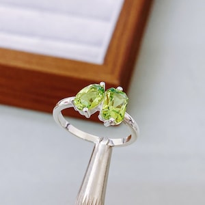 Two Stone Peridot Ring: Sterling Silver August Birthstone Ring