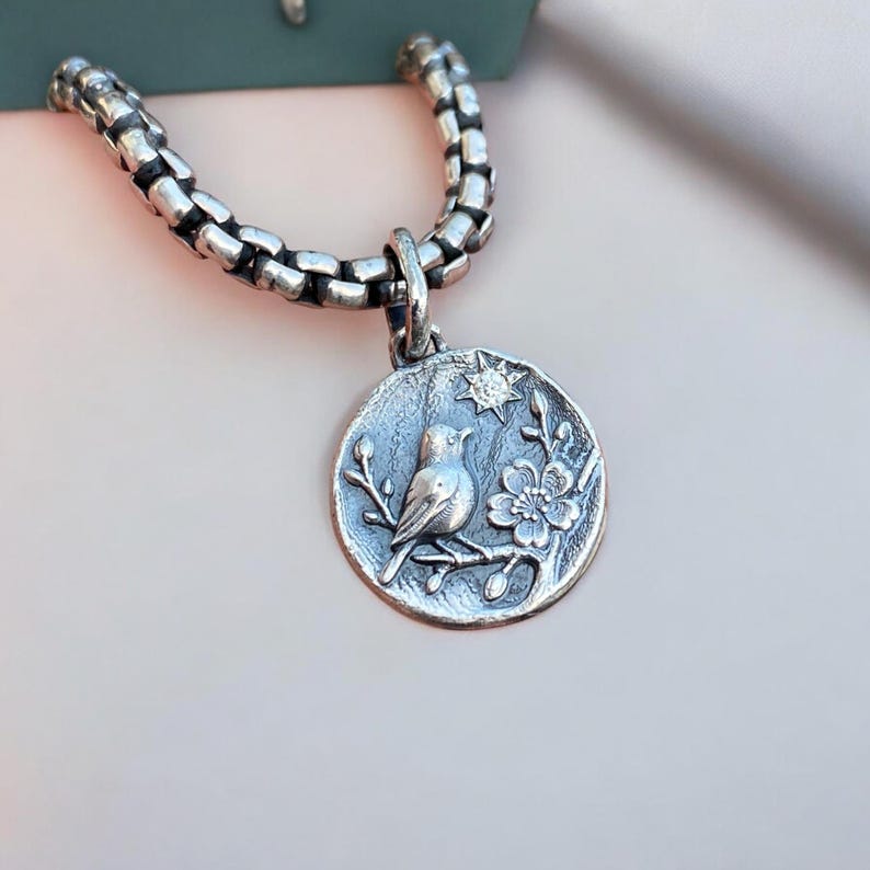 Spring Charm Spring Charm – Bird and Cherry Blossom Silver Charm, Free Engraving ...