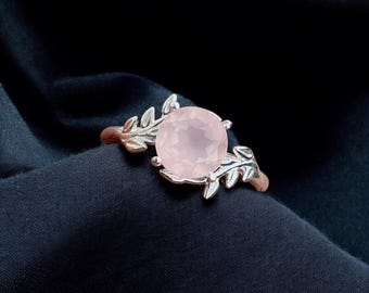 Natural Rose Quartz Ring: Sterling Silver Leaves, Round Cut Stone