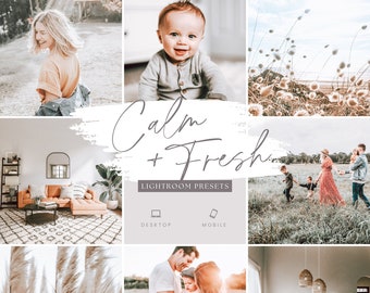 May include: A collage of images showcasing a collection of Lightroom presets called "Calm + Fresh". The images feature a variety of subjects, including a woman in a yellow shirt, a baby, a family walking in a field, and a living room with a couch and plants.