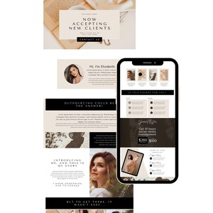 Peut inclure: L'&eacute;cran d'un t&eacute;l&eacute;phone affichant un site web avec un fond beige clair et du texte noir. Le texte indique "Now Accepting New Clients" et "Hi, I'm Elizabeth". Le site web propose &eacute;galement une offre sp&eacute;ciale pour 10 heures de gestion des m&eacute;dias sociaux pour 100 &euro;.