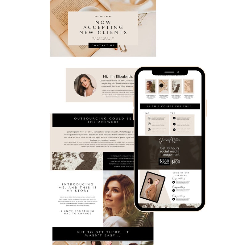 Peut inclure: L'&eacute;cran d'un t&eacute;l&eacute;phone affichant un site web avec un fond beige clair et du texte noir. Le texte indique "Now Accepting New Clients" et "Hi, I'm Elizabeth". Le site web propose &eacute;galement une offre sp&eacute;ciale pour 10 heures de gestion des m&eacute;dias sociaux pour 100 &euro;.