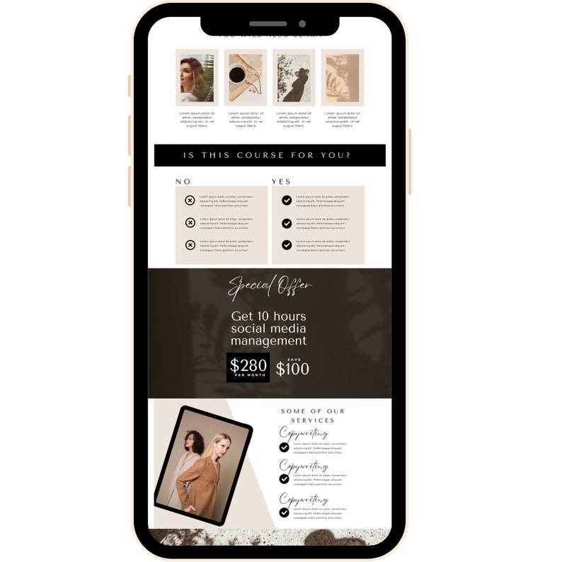 Peut inclure: L'&eacute;cran d'un t&eacute;l&eacute;phone mobile affichant un site web proposant une offre sp&eacute;ciale pour des services de gestion des m&eacute;dias sociaux. L'offre comprend 10 heures de service pour 100 &euro;. Le site web liste &eacute;galement certains des services propos&eacute;s, notamment la r&eacute;daction de contenu.