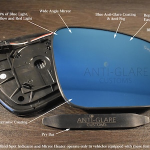 May include: An anti-glare car mirror with a blue tint, labeled "ANTI-GLARE CUSTOMS." Features include a wide-angle mirror, anti-fog coating, and blind spot indicator. Includes a pry bar. The mirror reflects 60% of blue light.
