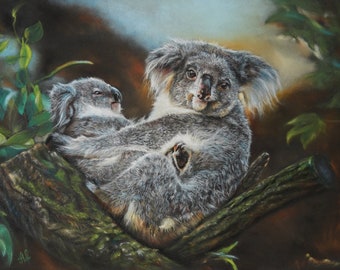 Original hand drawing pastel painting "Koala mum with baby". Directly from the artist