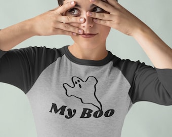 My Boo Halloween Ghost 3/4 Sleeve Raglan Shirt - Halloween Shirt, Raglan 3/4 Tee, Retro Raglan Graphic Tee