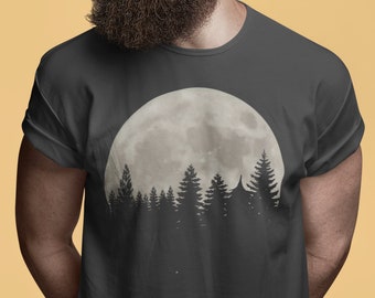 Men’s Graphic Tees - Moon & Trees - Moon TShirt Gift for Men Printed TShirt Men’s/Unisex | Dark Heather Gray