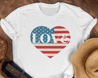 Love American Flag Heart Shirt | 4th of July Shirt | America Shirt - Summer Tee - Women's 4th of July, Patriotic Shirt