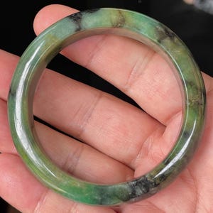 Certified Jadeite Jade Bangle – Icy Apple & Imperial Green, Black, Honey – Hand-Carved Jade Bracelet, Healing Stone, Unisex – 54.5mm – JB351