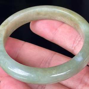 Certified Burmese Jadeite Jade Bangle – Icy Apple Green, Milky White & Honey Brown – Jade Bracelet, Good Luck, Healing Stone – 53mm – JB355