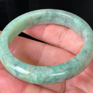Certified Burmese Jadeite Jade Bangle – Icy Apple Green, Grey-Blackish & Honeycomb – Jade Bracelet, Healing Stone, Good Luck – 57mm – JB205
