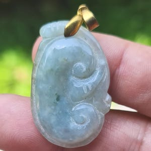 Natural Burmese Jadeite Jade Pendant – Icy Bluish Moss Green – Hand-Carved Ruyi Swirl Motif – Pendant, Charm, Amulet, Gemstone Gift –JOP006