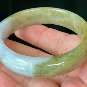 Certified Burmese Jadeite Jade Bangle – Icy Apple Green, Honey, Greyish Milky White – Jade Bracelet, Gemstone Gift, Good Luck – 58.6mm–JB521