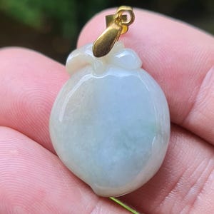 Natural Burmese Jadeite Jade Pendant – Icy Bluish, Milky White & Moss Green – Hand-Carved Peach Motif – Pendant, Jewelry, Amulet – JOP007