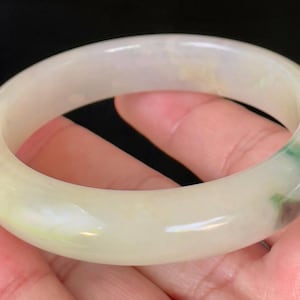 Certified Burmese Jadeite Jade Bangle – Icy Yellow & Milky White, Imperial Green – Healing Stone Jade Bracelet, Good Luck – 56.1mm – JB109