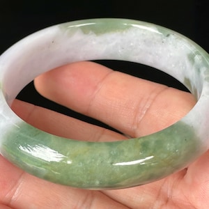 Certified Jadeite Jade Bangle – Icy Greyish Milky White & Apple Imperial Green – Burmese Jade Jewelry Bracelet, Healing Stone – 58.5mm–JB085