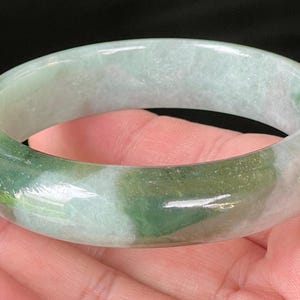 Certified Jadeite Jade Bangle – Icy Greyish Milky White, Apple Green Hues– Healing Stone Burmese Jade Bracelet, Hand-Carved – 58.5mm – JB039