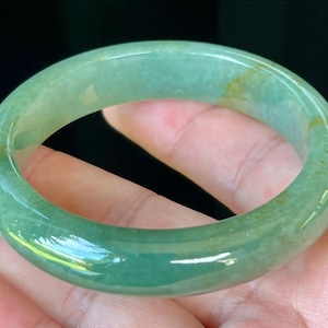 Natural Burmese Jadeite Jade Bangle – Icy Apple Green, Honey – Hand-Carved Jade Bracelet, Healing Stone, Good Luck, Unisex – 56mm – JB504